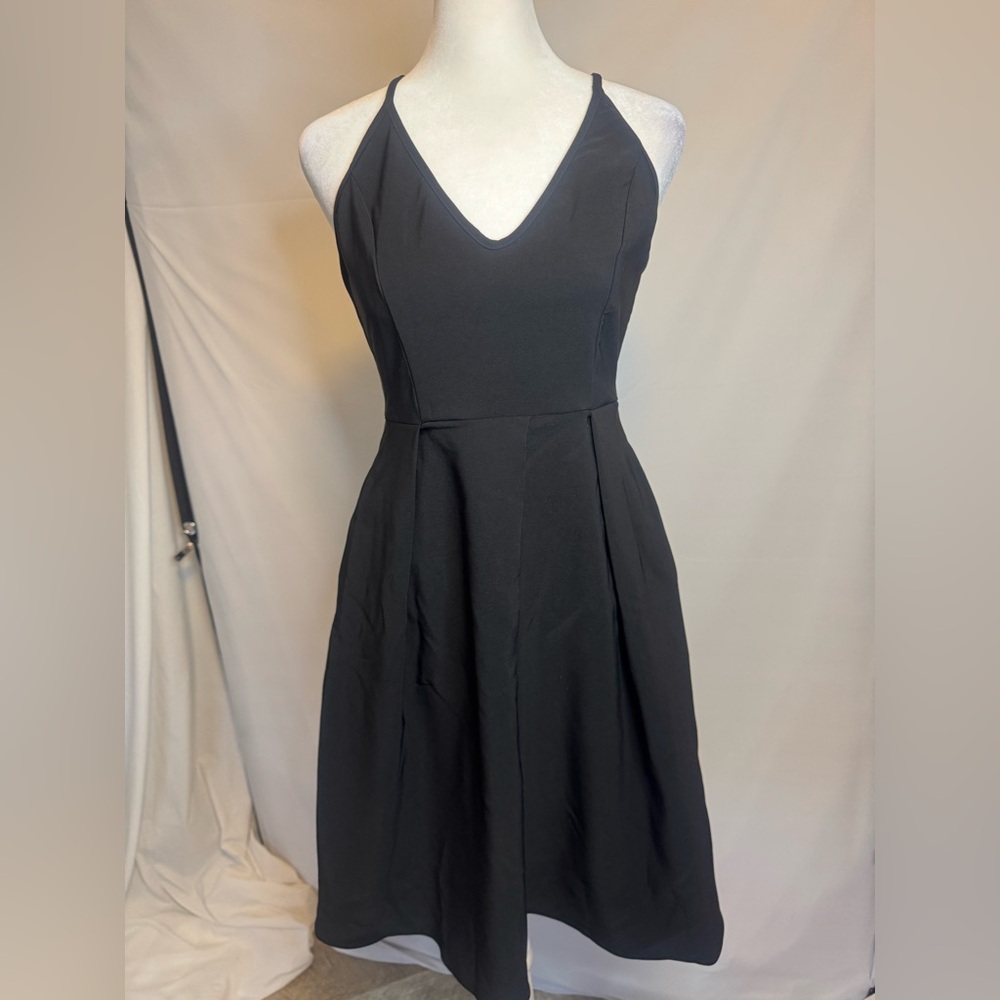 Elegant Black Midi Dress, Spaghetti Strap w/ Pockets